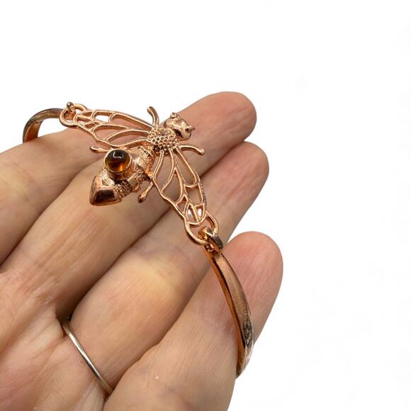 Copper Bee Hook Bracelet Genuine Amber Accent Handmade Artisan Bangle - Picture 4 of 7
